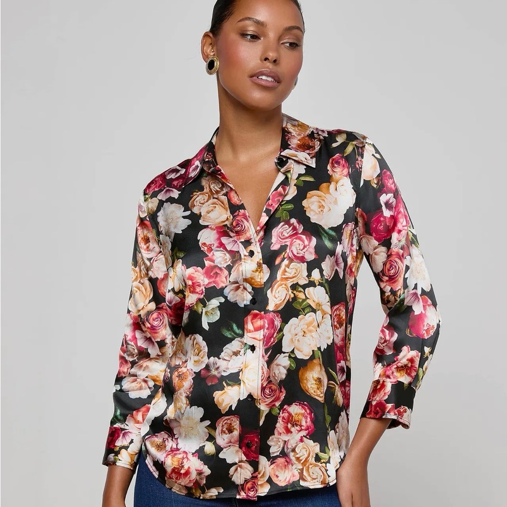 L'AGENCE Dani 3/4 sleeve blouse Black Floral Satin Blouse